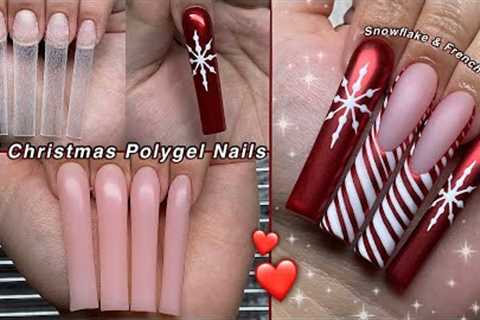 RED CHROME CHRISTMAS POLYGEL NAILS❤️ HOW TO FRENCH TIP + SNOWFLAKE NAIL ART DESIGN | Nail Tutorial